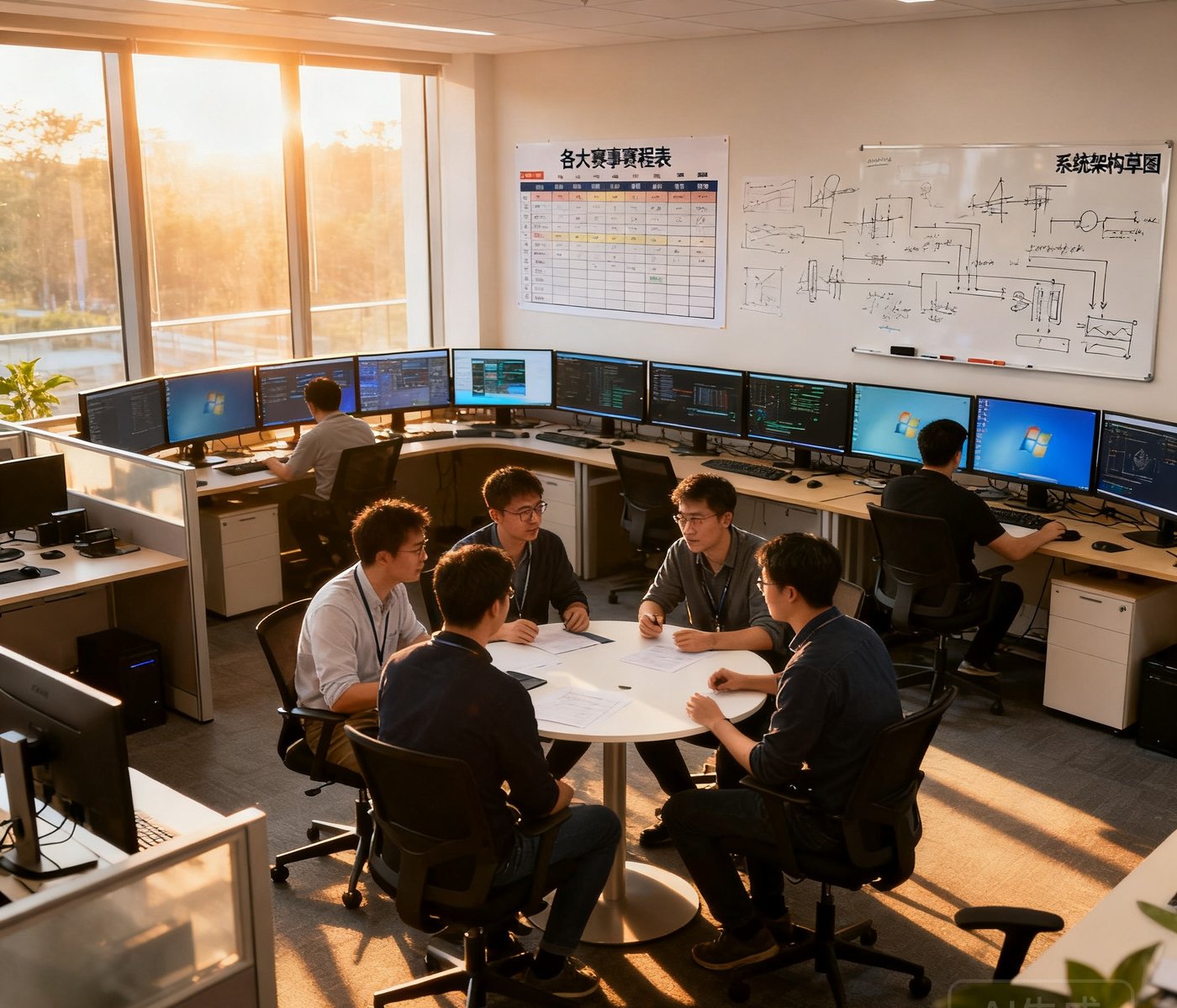 华体会上海张江办公室的开放式工位区域，午后的阳光透过落地窗洒在排列整齐的显示器阵列上，墙上贴着各大赛事的赛程表，白板上画满了系统架构草图，几位工程师正围坐在圆桌旁讨论技术方案